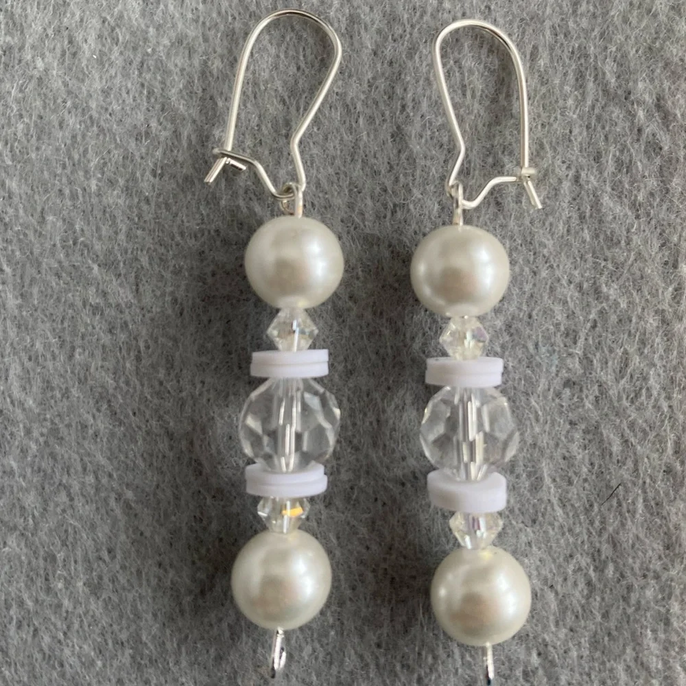 Hand crafted clear, and white faux‎ pearl long dangle earrings